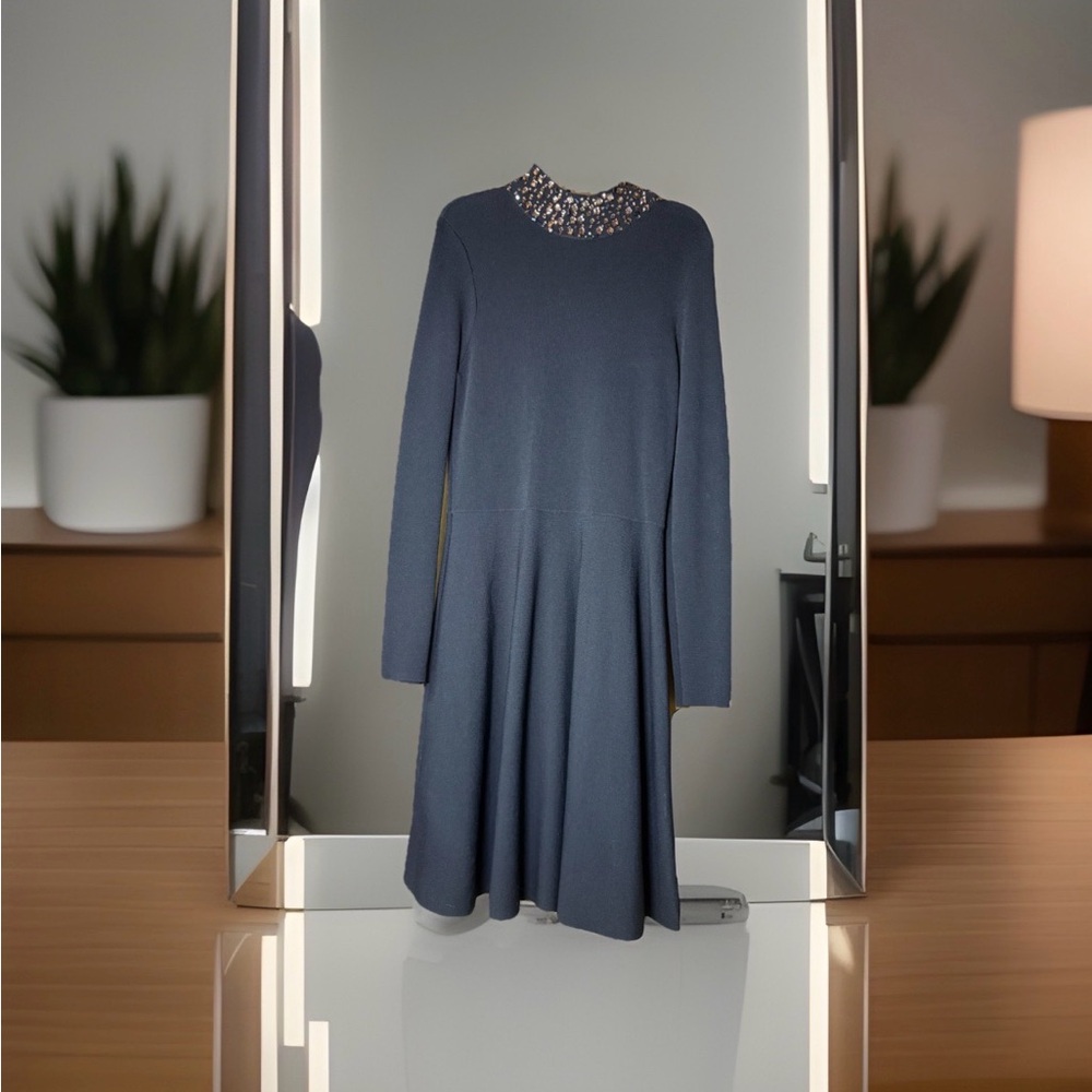 Eliza J Jeweled Mock Neck Fit & Flare Sweater Dress Black Large